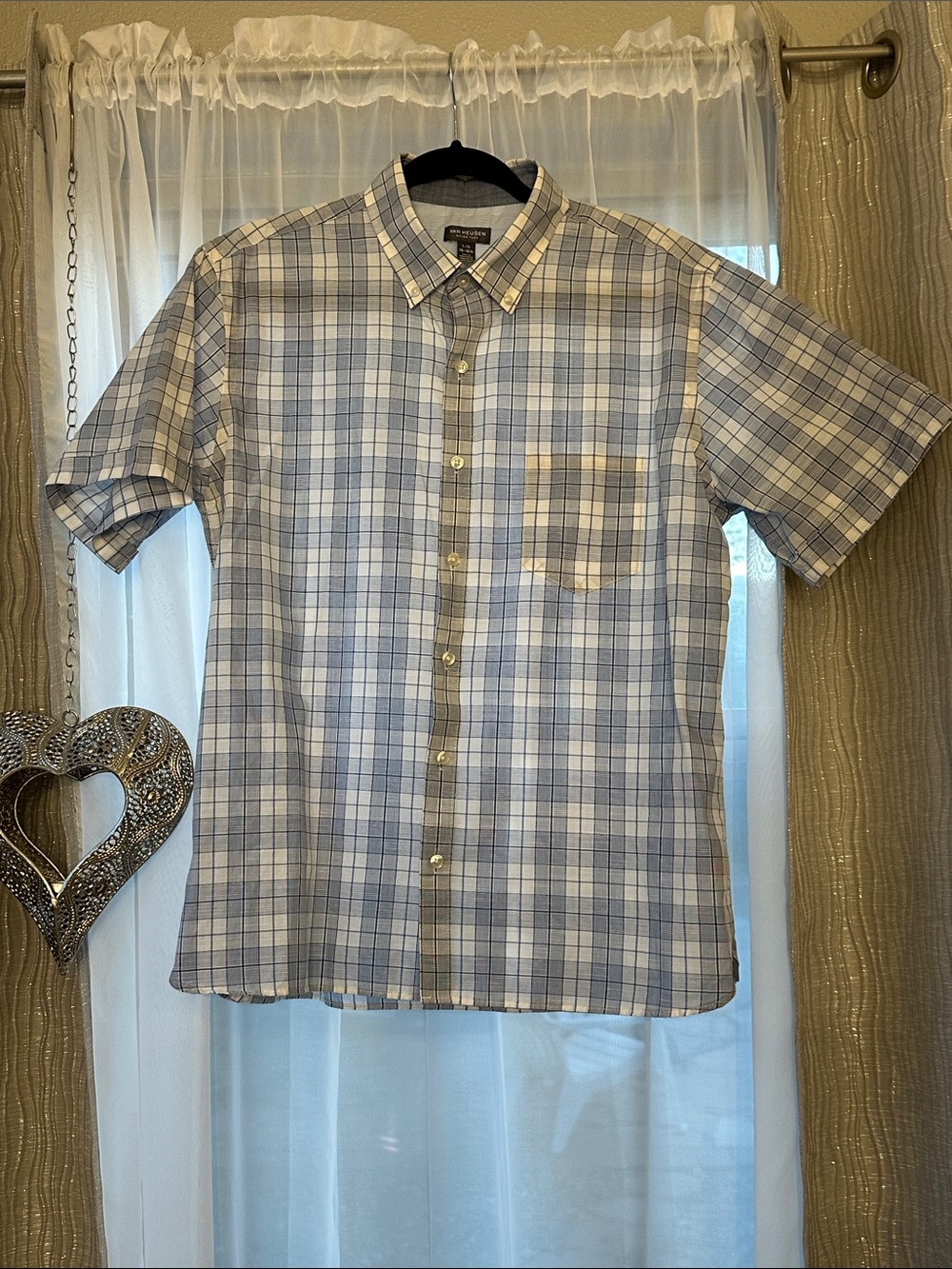 Van Heusen Blue and White Plaid Short-Sleeve Button-Down Shirt
